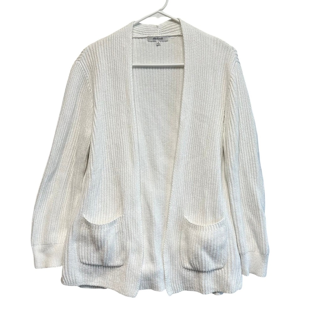 Madewell White Ribbed Knit Open Front‎ Cardigan Sweater Pockets Size M